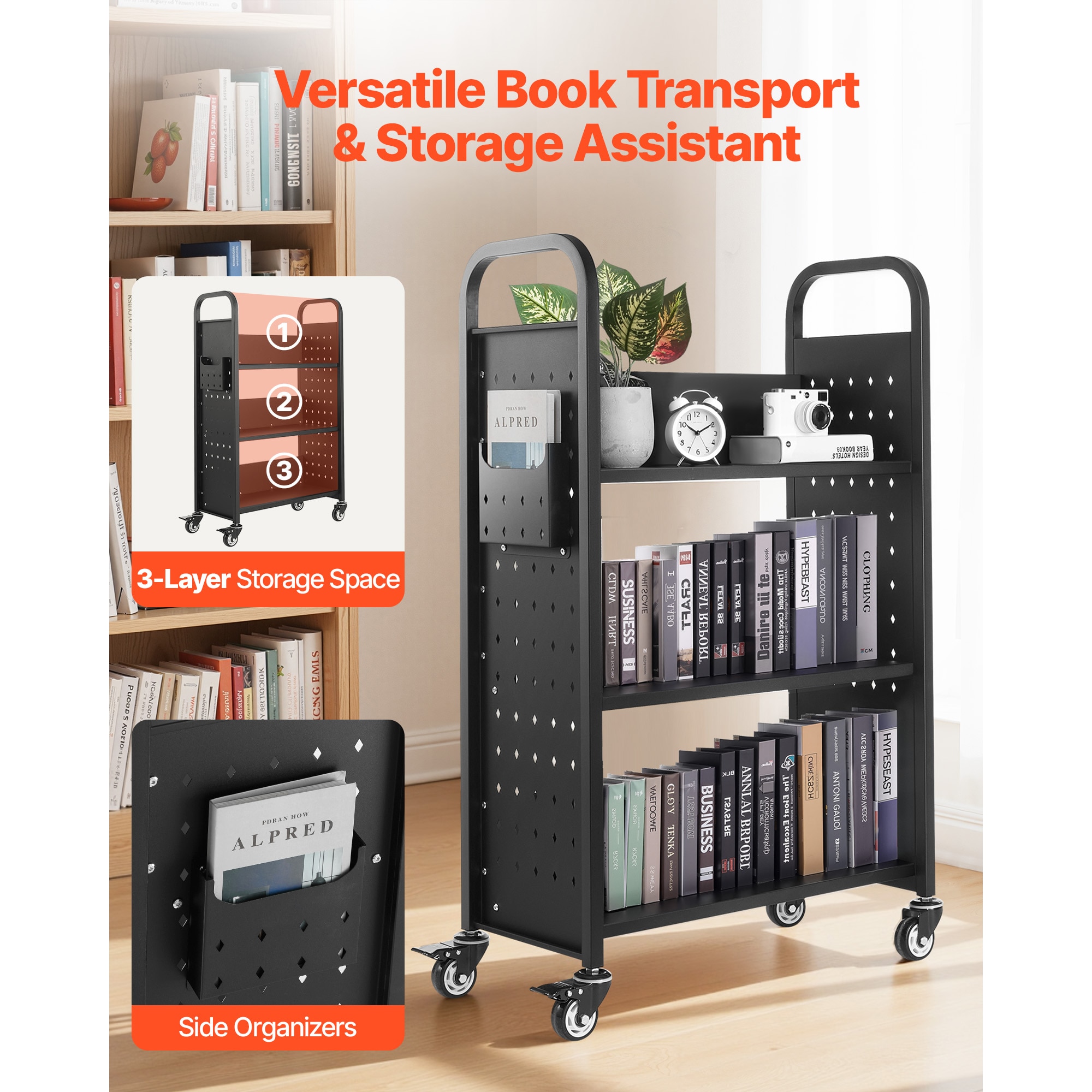 3-tier Rolling Book Cart With Single Sided Shelves In Black_voghion.com